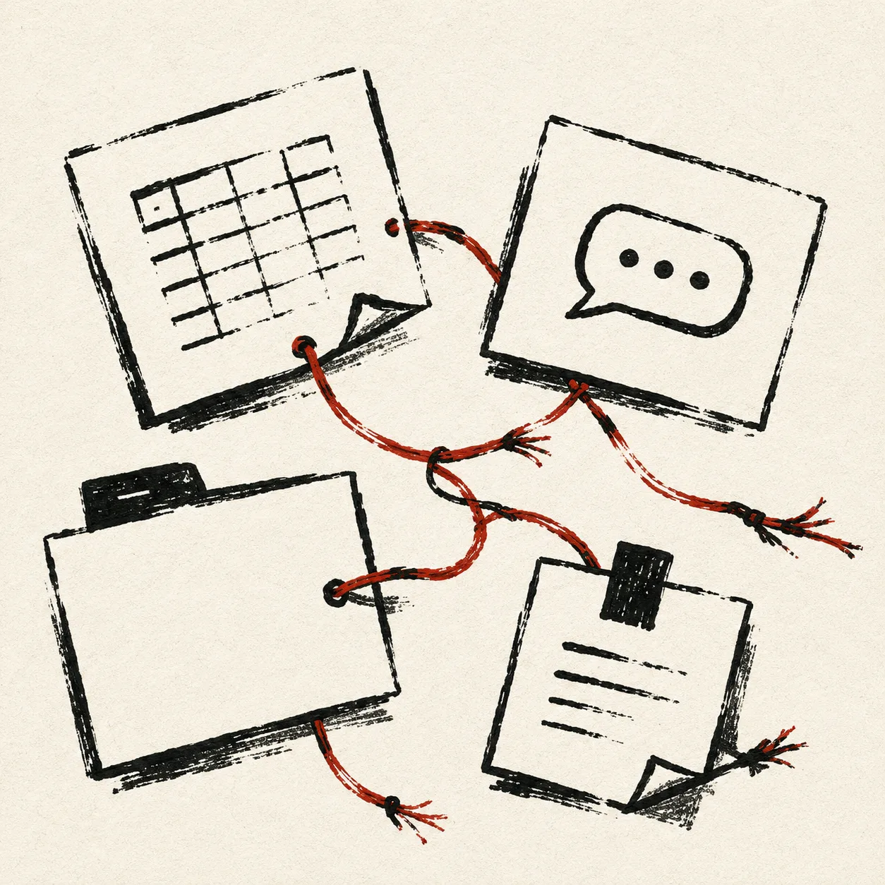 Scattered torn-paper icons for a spreadsheet, chat, folder, and note, loosely stitched together by a red thread
