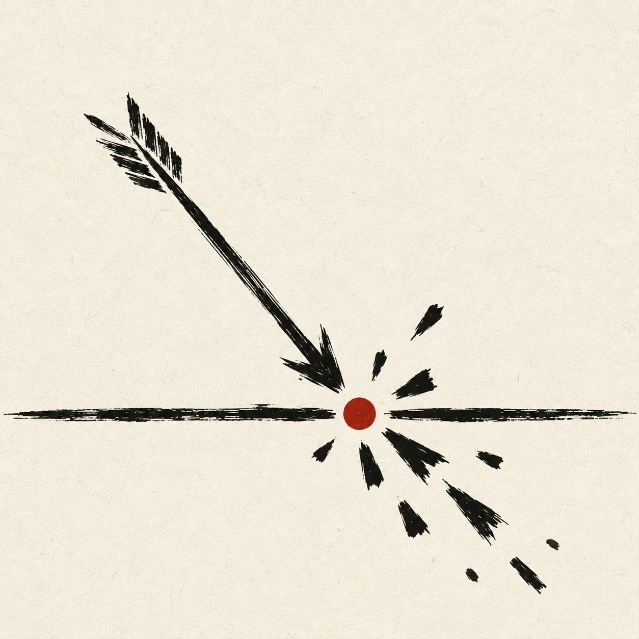An arrow shattering into fragments at the moment it crosses a ground line, marked by a red impact point
