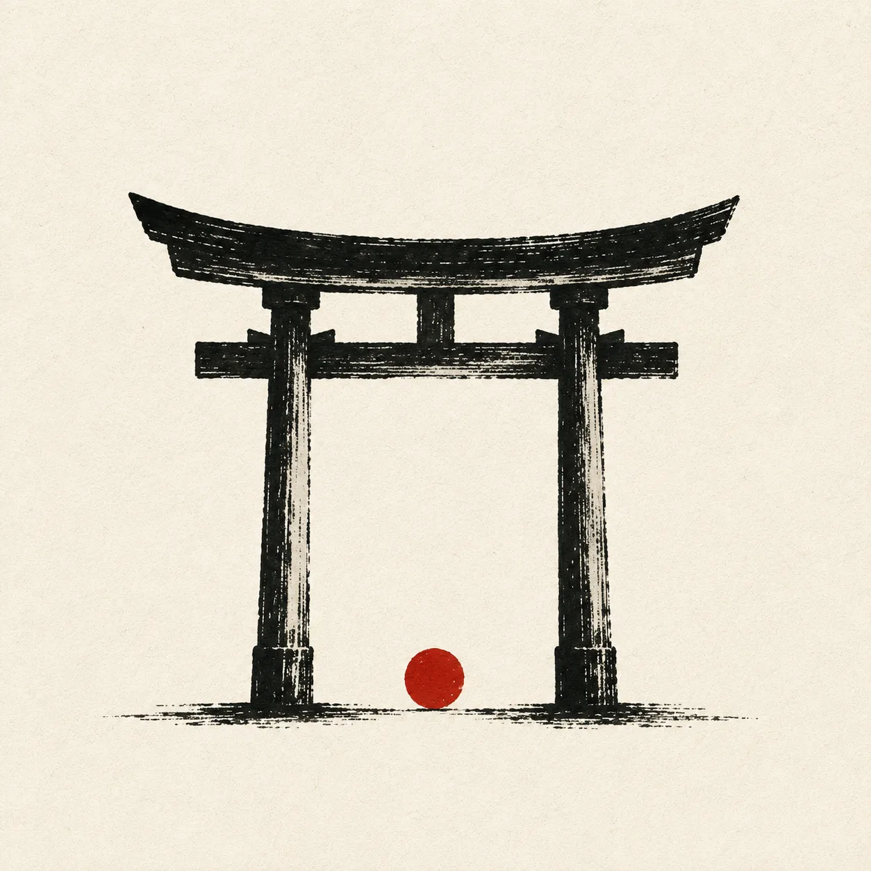 A torii gate with a single red dot resting at the threshold